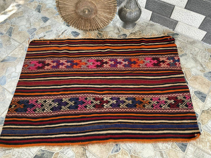 Vintage Turkish Wool Rug, Hand-Knotted Antique Geometric Oushak Area Kilim 3x5