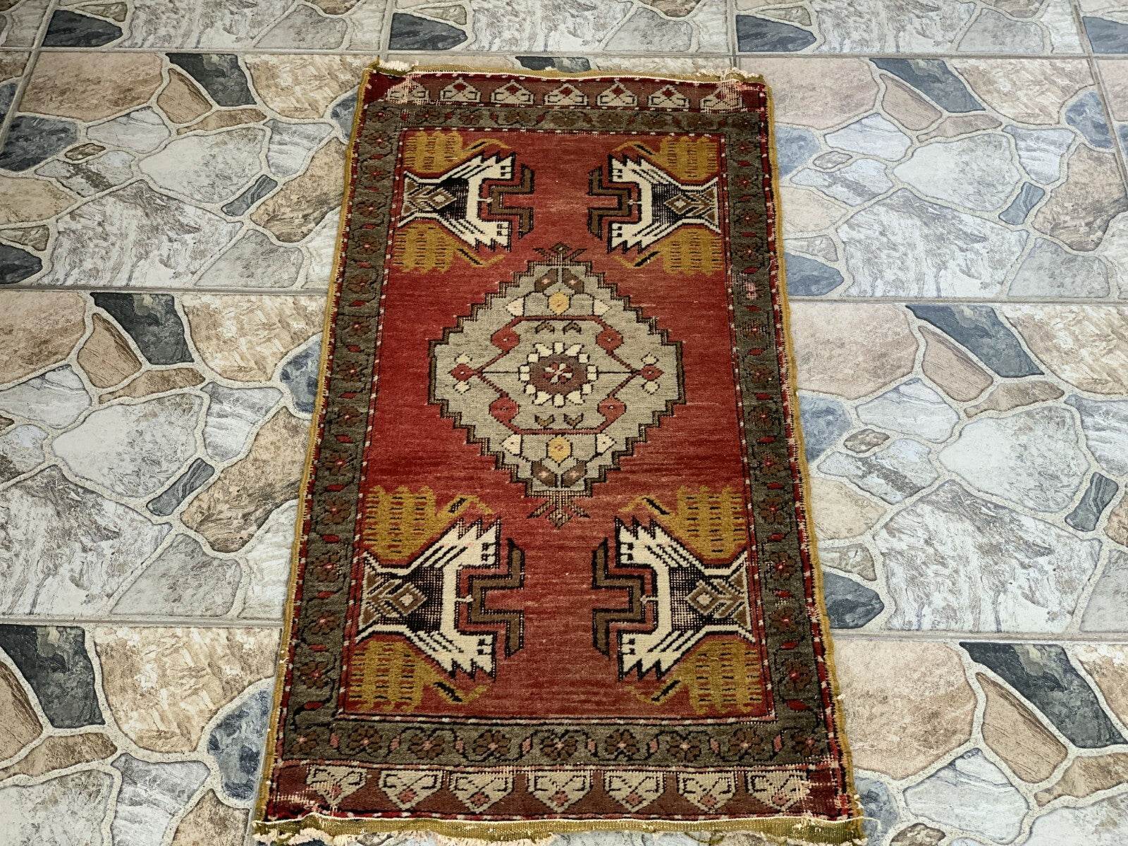 Turkish Vintage Small Oushak Rug, Wool Farmhouse Handmade Geometric Rug, 1.7x3.4