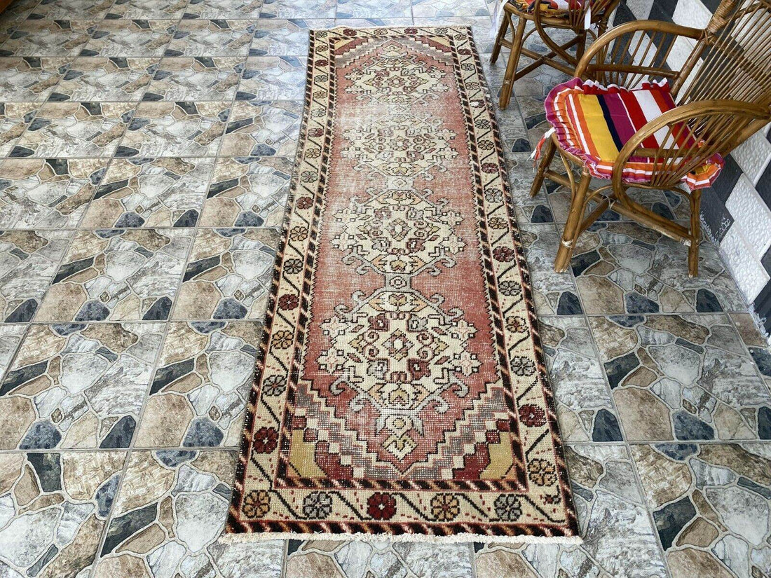 Vintage Turkish Wool Rug, Bohemian Geometric Farmhouse Handmade Runner Rug 3x9ft