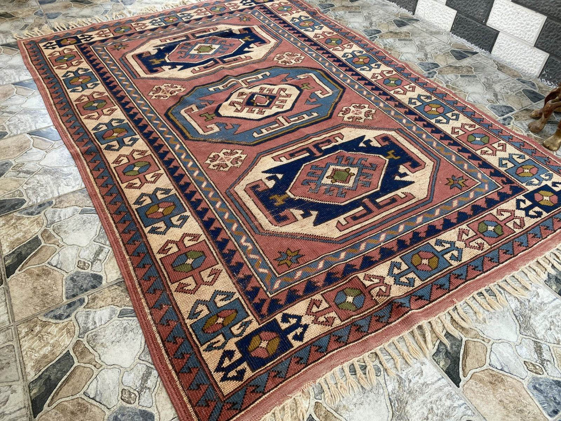 Vintage Turkish Rug | 5.3 x 7.9 ft Hand-Knotted Wool Faded Pastel Anatolian Area