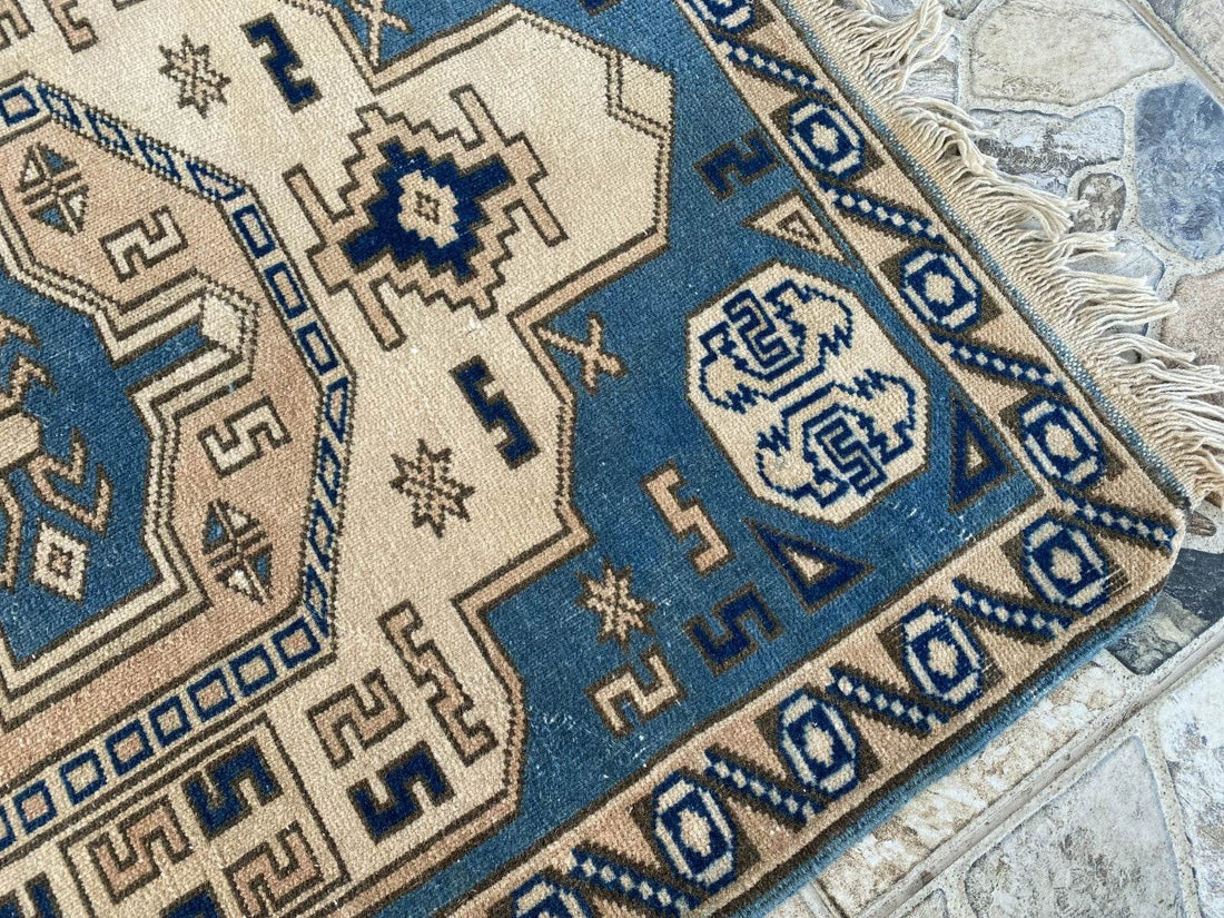 Vintage Turkish Wool Rug, Hand-Knotted Antique Geometric Oushak Small Runner 2x4
