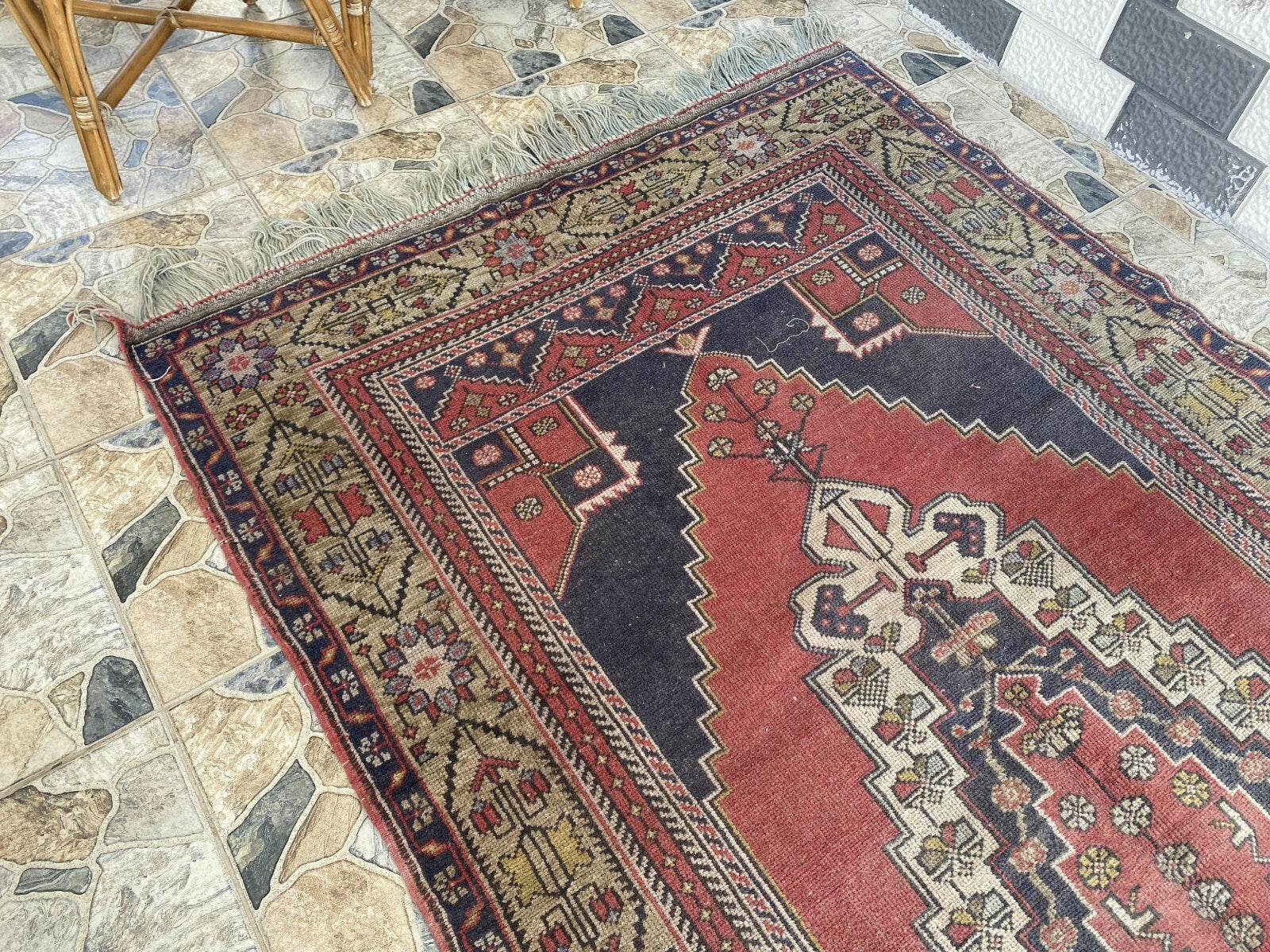 Vintage Turkish Oushak Rug, 5.0x9.7 ft Red Handmade Wool Antique Tribal Area Rug