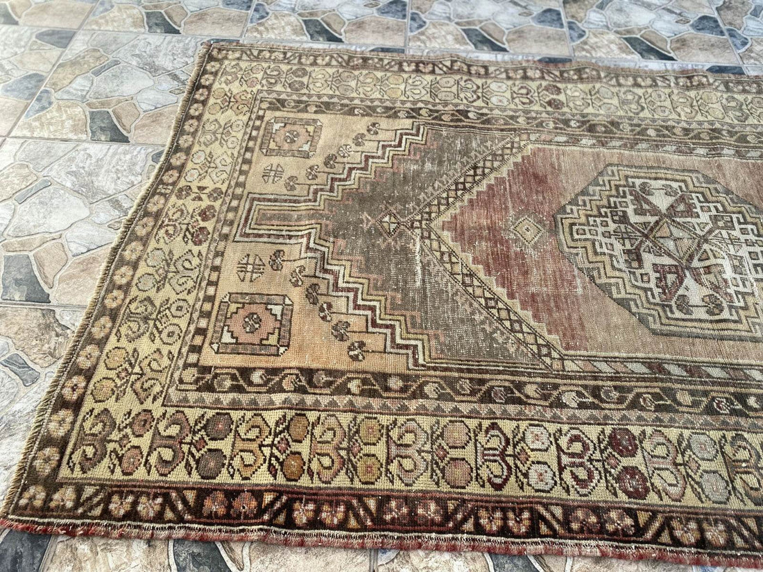 Vintage Turkish Oushak Rug, 4 x 7 ft Red Handmade Wool Antique Tribal Area Rug