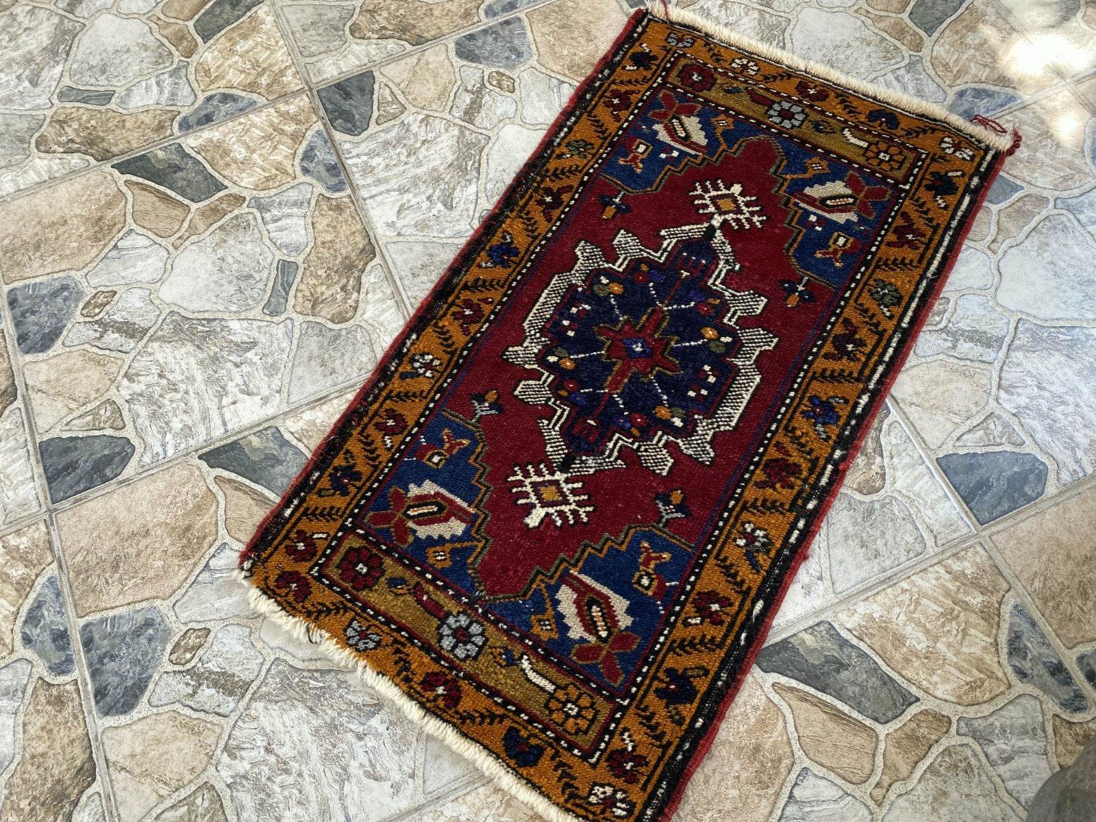 Small Anatolian Rug | 1.7 x 2.9 ft Vintage Hand-Knotted Wool Faded Geometric Rug