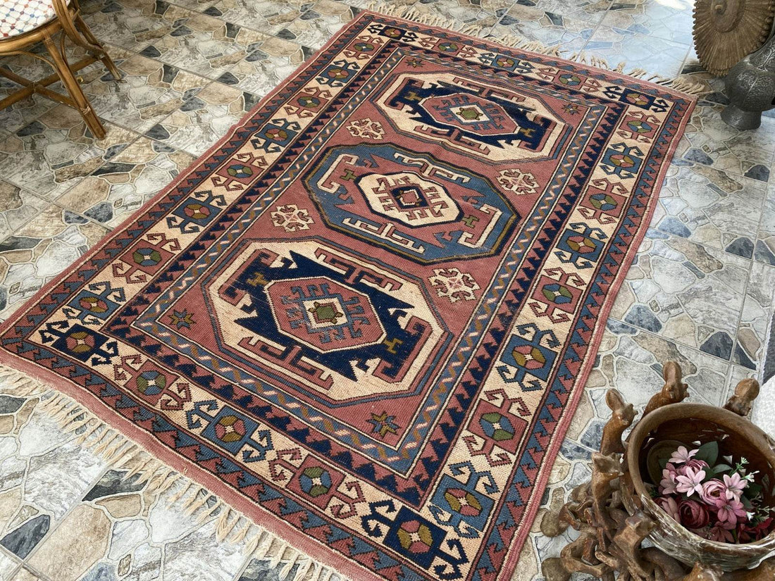 Vintage Turkish Rug | 5.3 x 7.9 ft Hand-Knotted Wool Faded Pastel Anatolian Area
