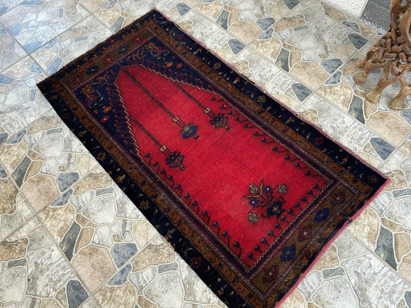Vintage Hand-Knotted Wool Rug 2.6 x 5.2 ft Nomadic Faded Anatolian Prayer Carpet