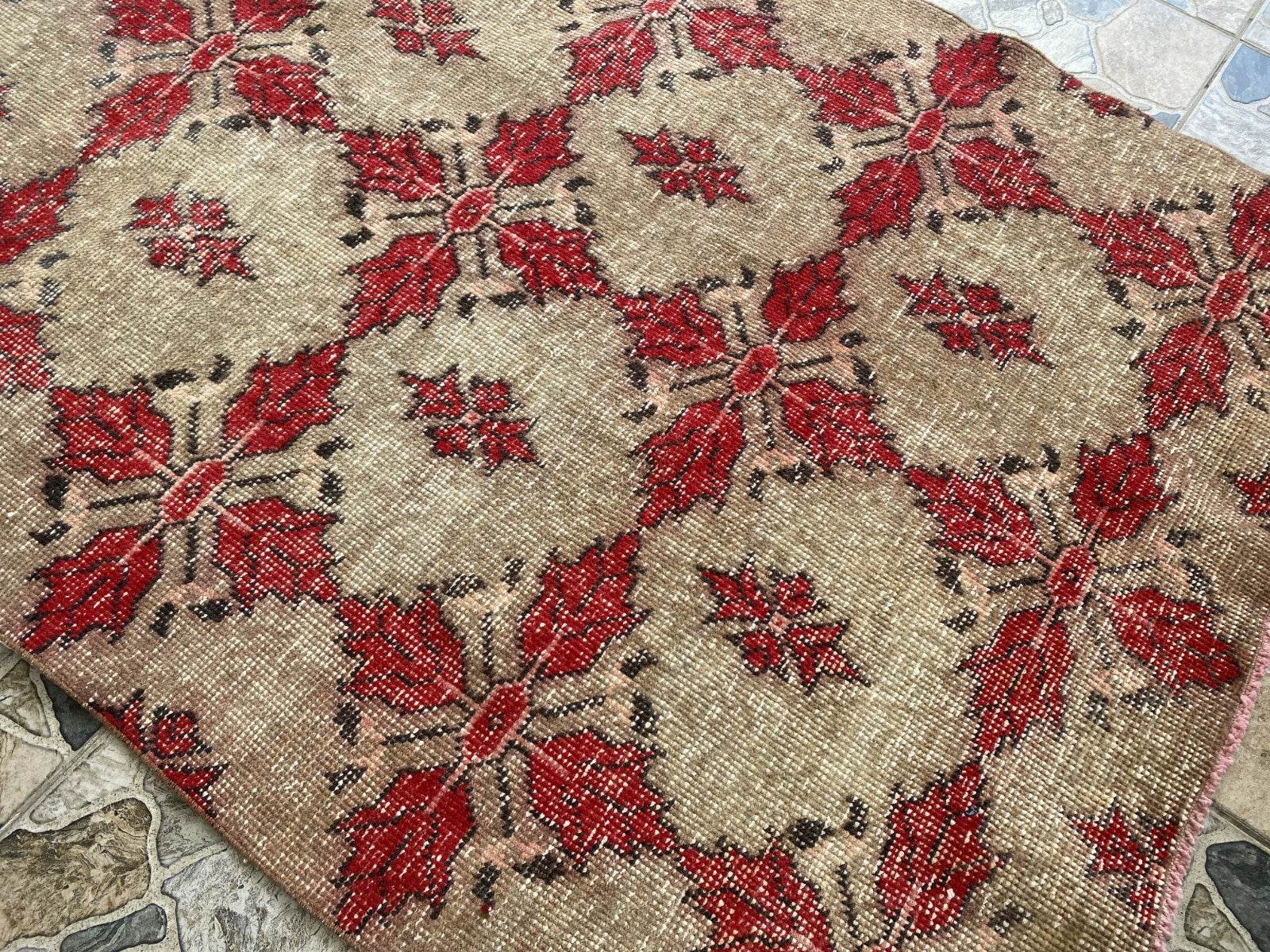 Vintage Turkish Area Rug 4x7 ft | Hand-Knotted Wool Carpet Bold Geometric Tribal