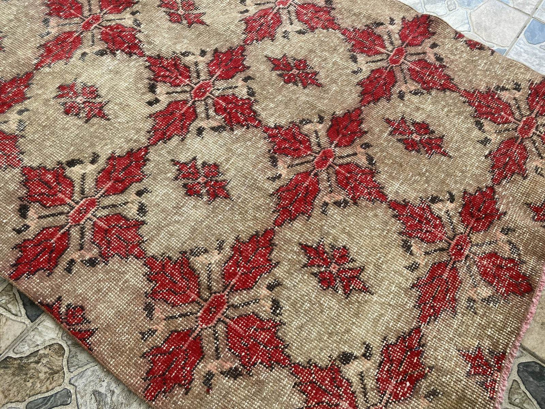 Vintage Turkish Area Rug 4x7 ft | Hand-Knotted Wool Carpet Bold Geometric Tribal