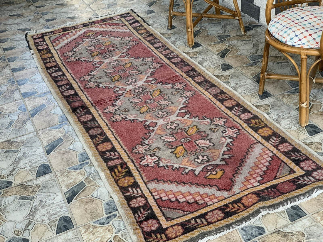 Vintage Turkish Rug | Tribal Handmade Wool Farmhouse Antique Carpet 3.2x 9.1 ft