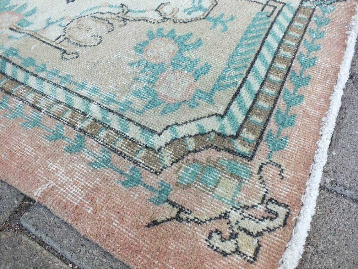 Vintage Oushak Farmhouse Rug, Turkish Anatolian Handknotted Wool Area 3.9x7.3 ft