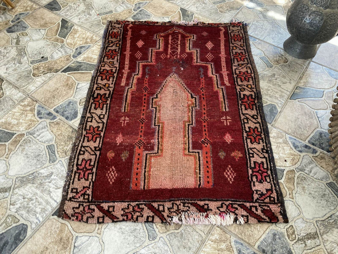 Distressed 2x3 ft Anatolian Rug | Vintage Authentic Hand-Knotted Wool Prayer Rug