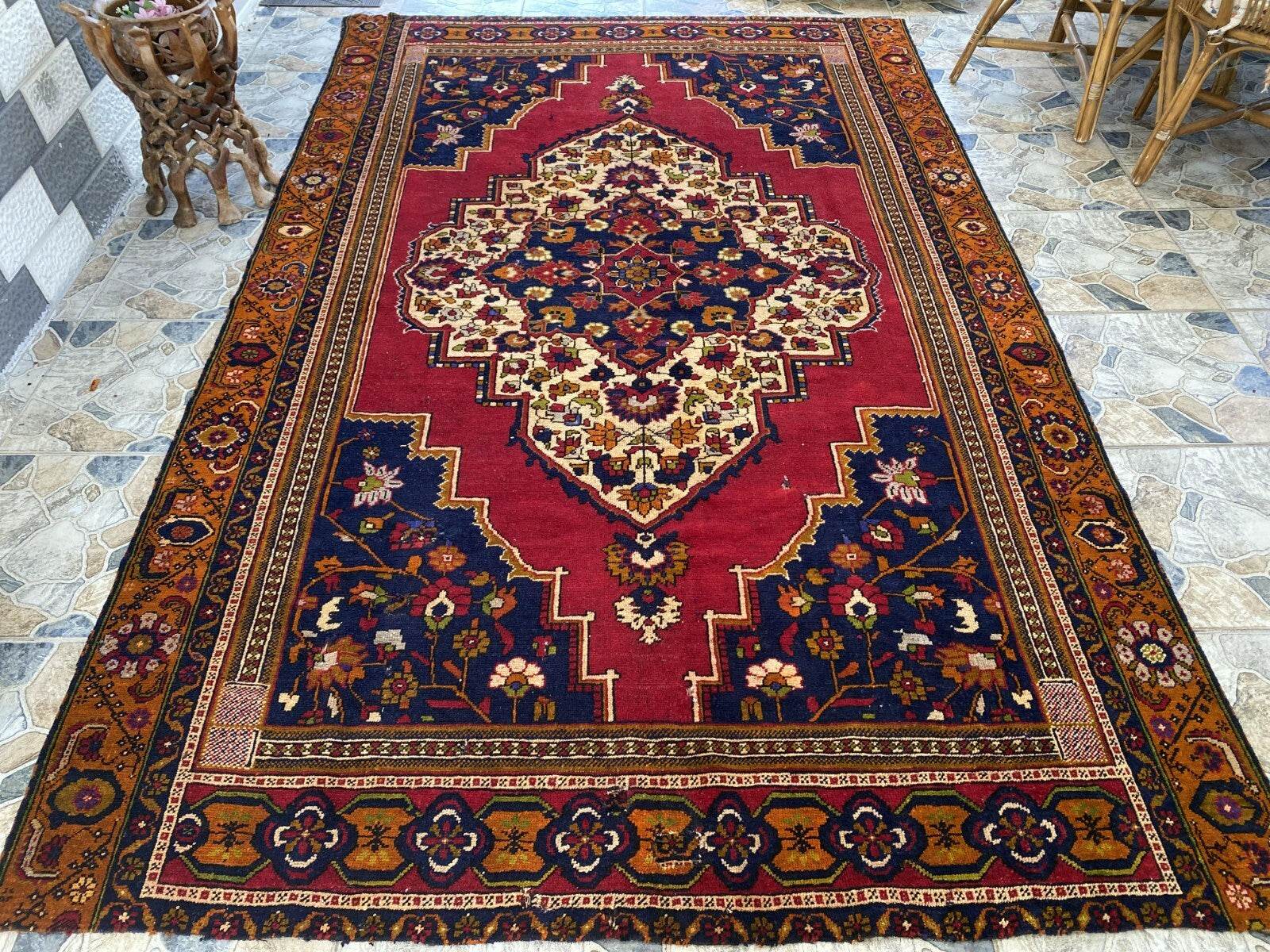 Handmade Turkish Vintage Rug 6x10 1970s Tribal Wool Farmhouse Antique Large Area