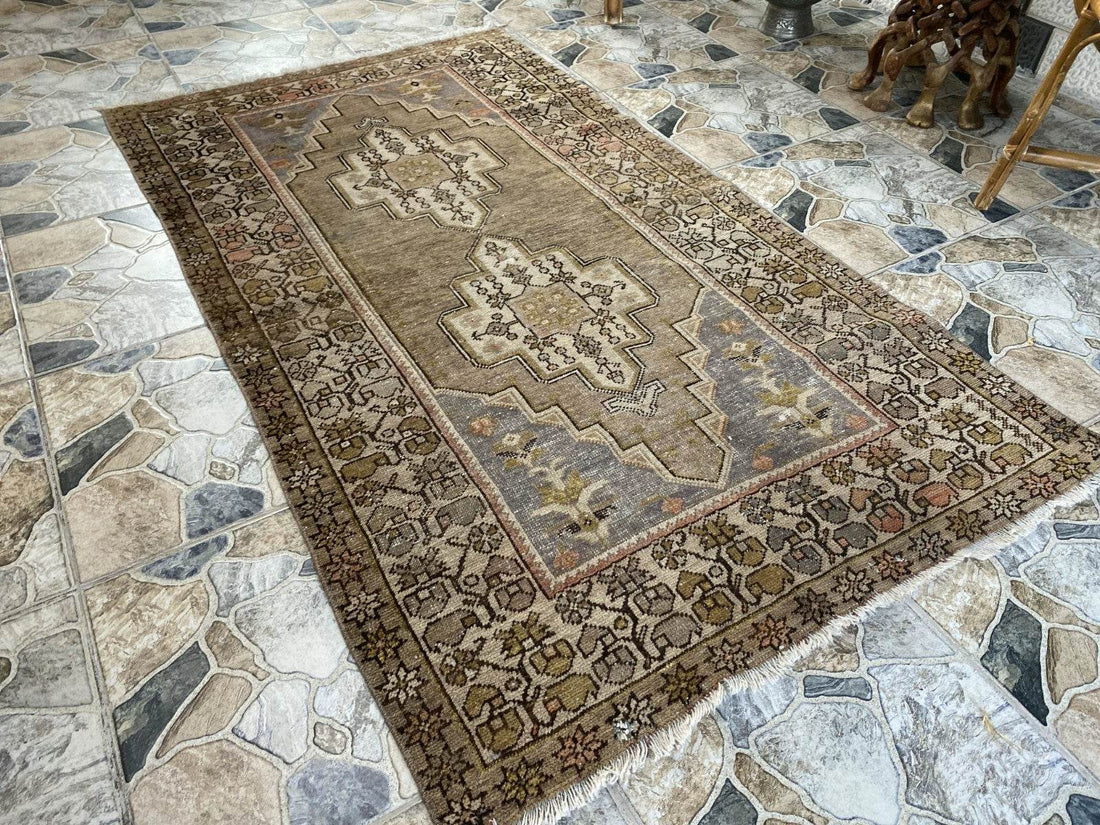 Vintage Turkish Wool Rug Hand-Knotted Antique Geometric Oushak Tribal Area 3x6