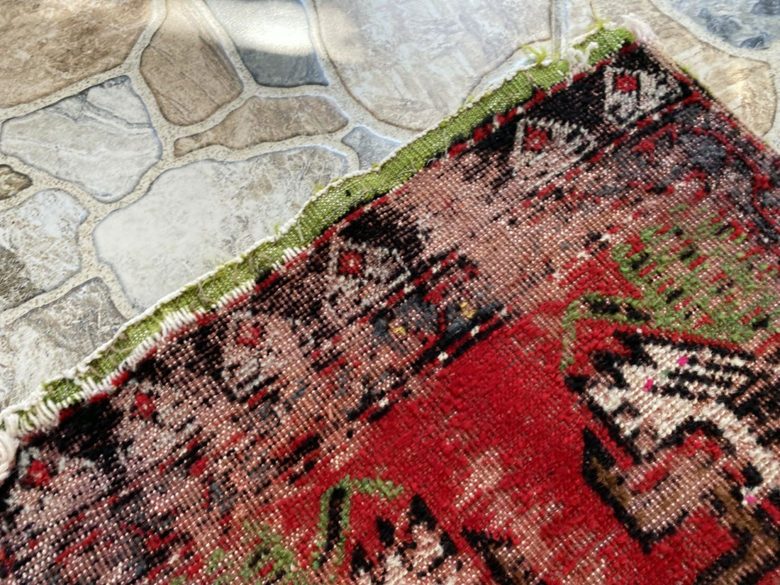 Vintage Turkish Small Rug | 1.6 x 3.3 ft Hand-Knotted Wool | Red Geometric Mat