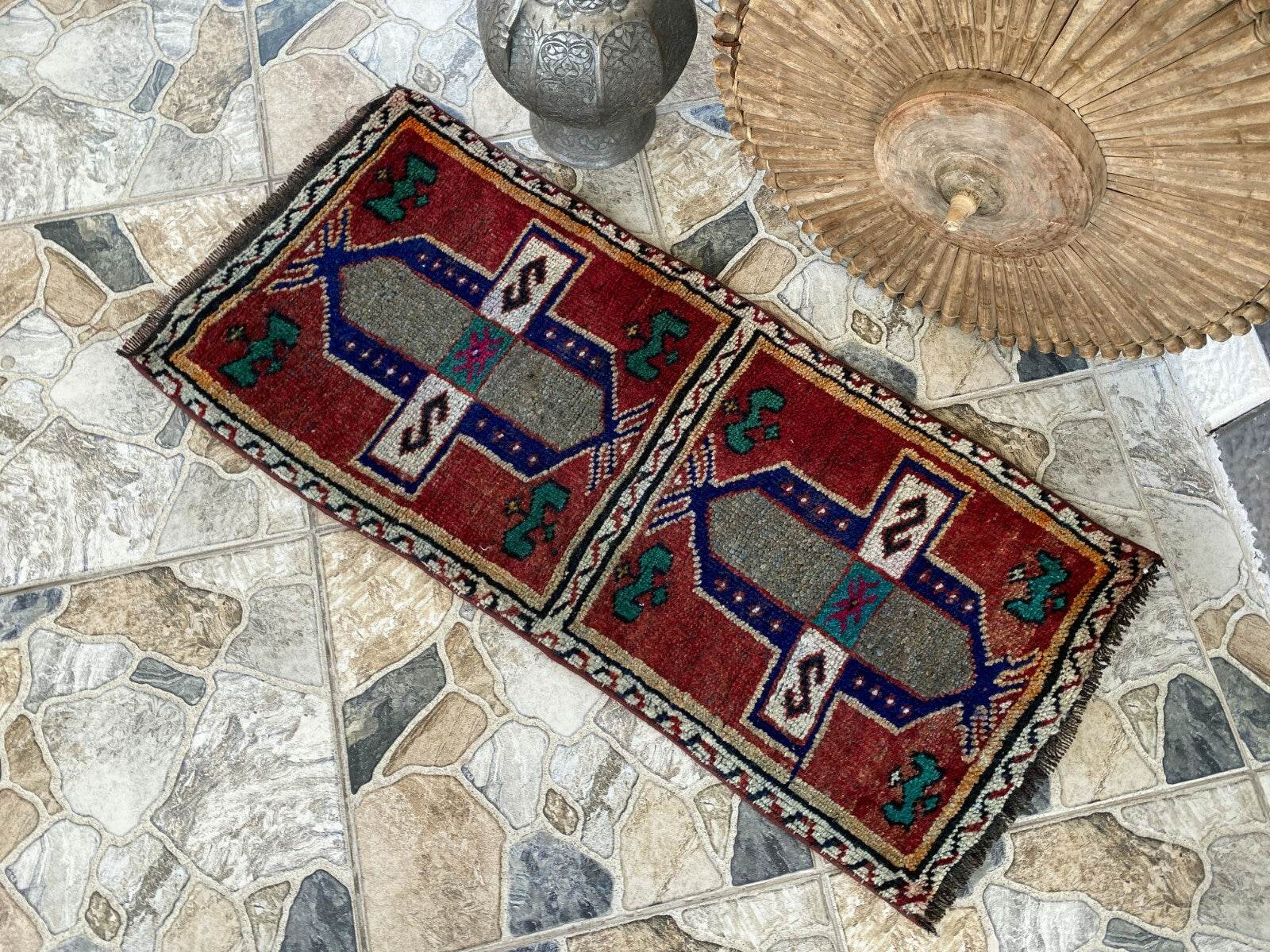 Vintage Turkish Tribal Rug | 1.6 x 3.4 ft | Handmade Wool Anatolian Small Carpet