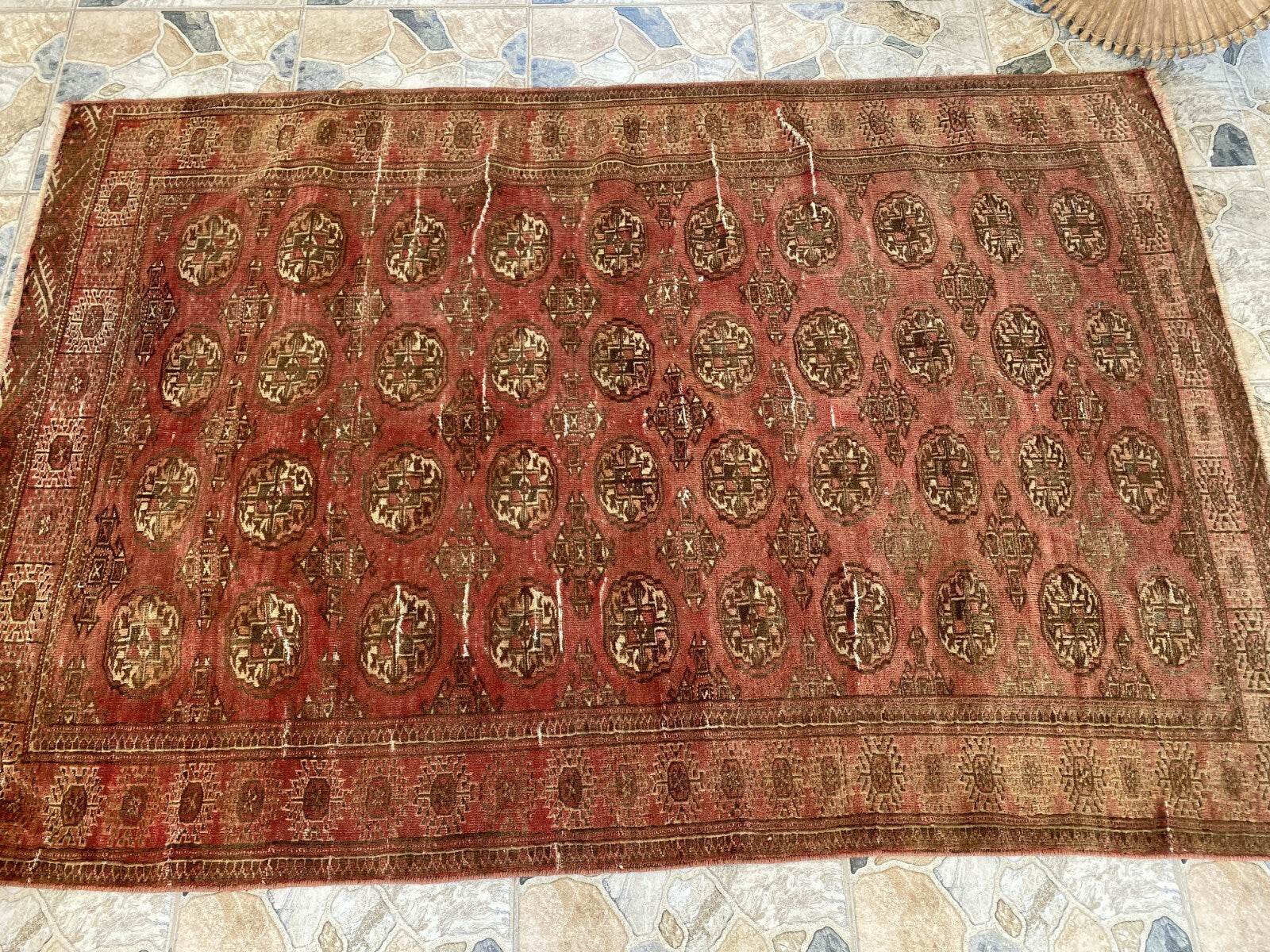 VINTAGE RUG HAND-KNOTTED Afghan Style BUKHARA handmade wool RED antique farmhouse rug