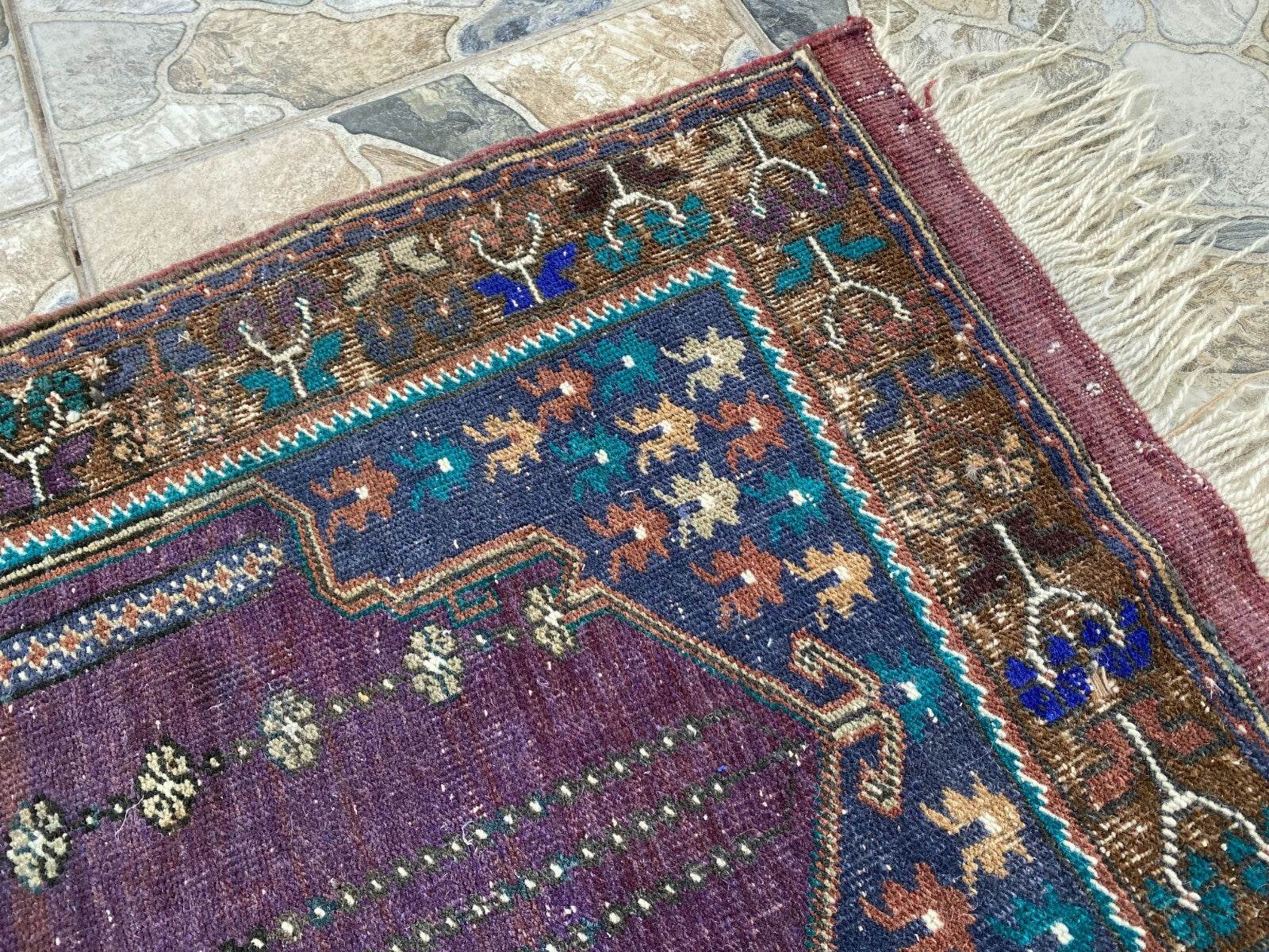 Vintage Turkish Handmade Wool Prayer Rug | Geometric Anatolian Oushak Carpet 2x4