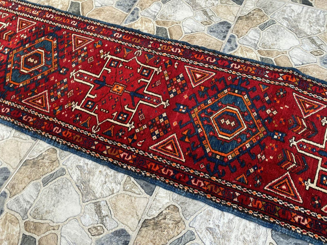 Vintage Persian Style Runner Rug | 1.8 x 6.6 ft Hand-Knotted Wool | Red & Blue Tribal