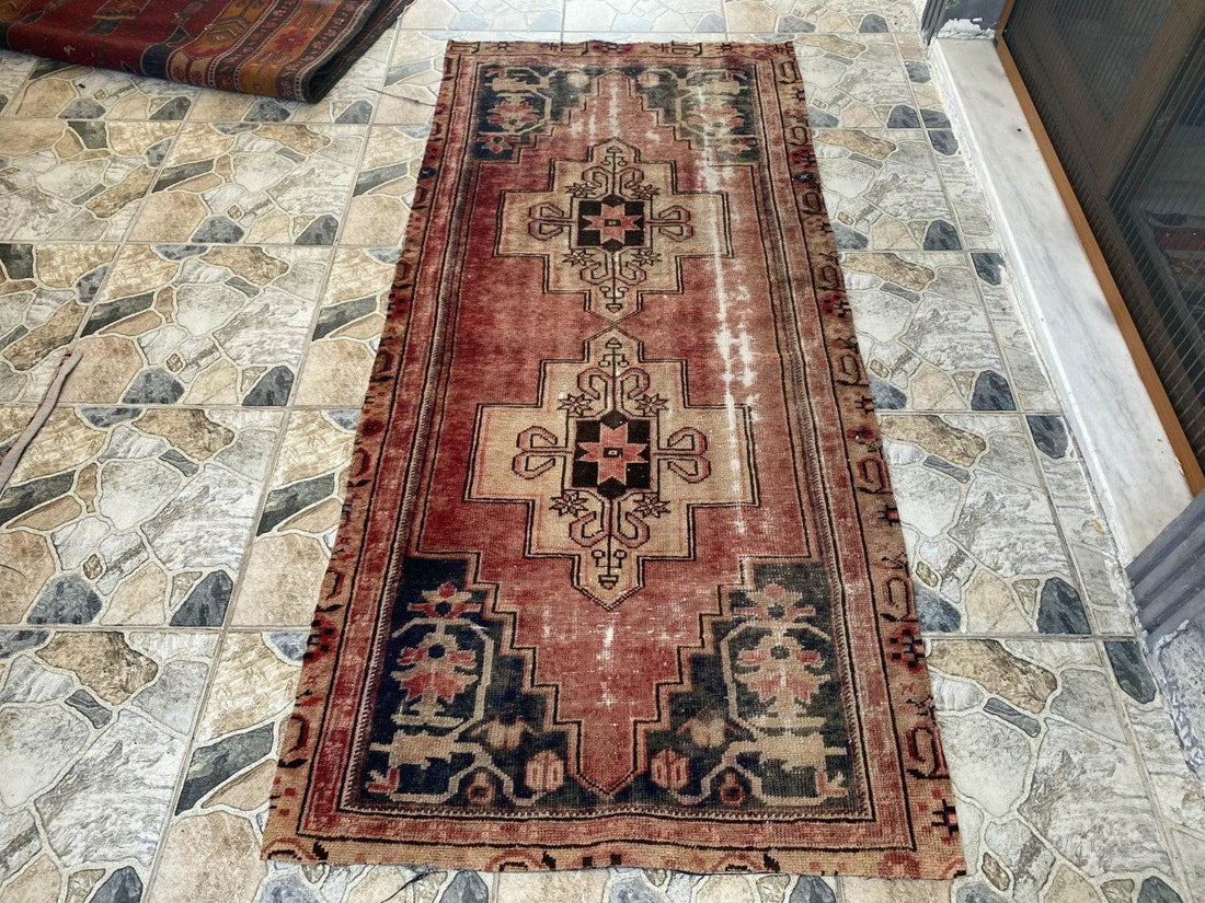 Vintage Anatolian Area Rug | 3.0x6.7 ft Hand-Knotted Wool Faded Rustic Geometric