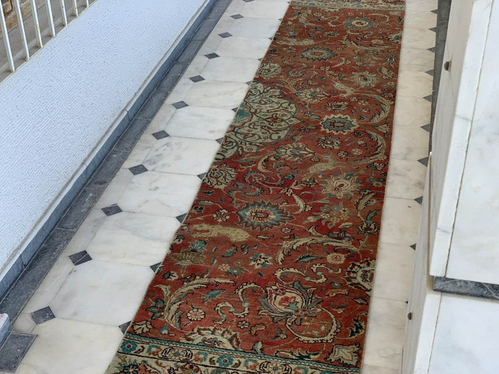 2.3x11.8 RED RUG COLORFUL TRIBAL HANDKNOTTED vintage oriental HANDMADE geometric