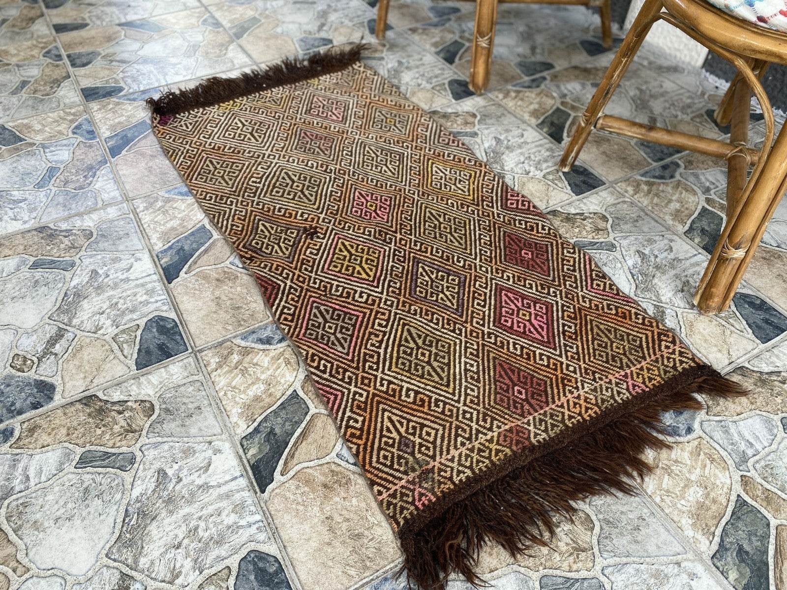 Vintage Turkish Oushak Rug, 1.8x3.7ft Red Handmade Wool Antique Tribal Small Rug