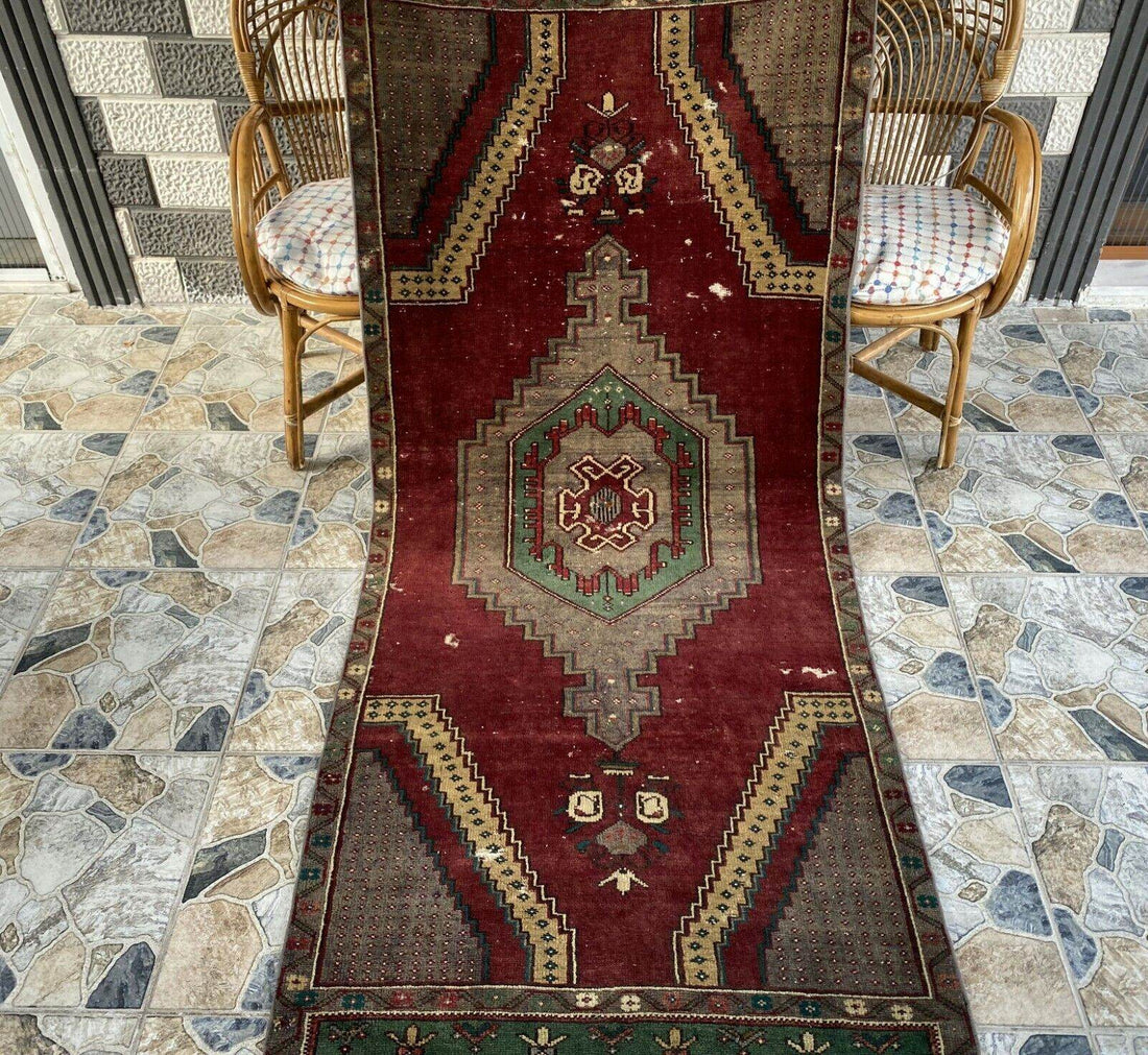 Vintage Turkish Rug | Burgundy Handmade Wool Geometric Antique Anatolian 3.2x7.7