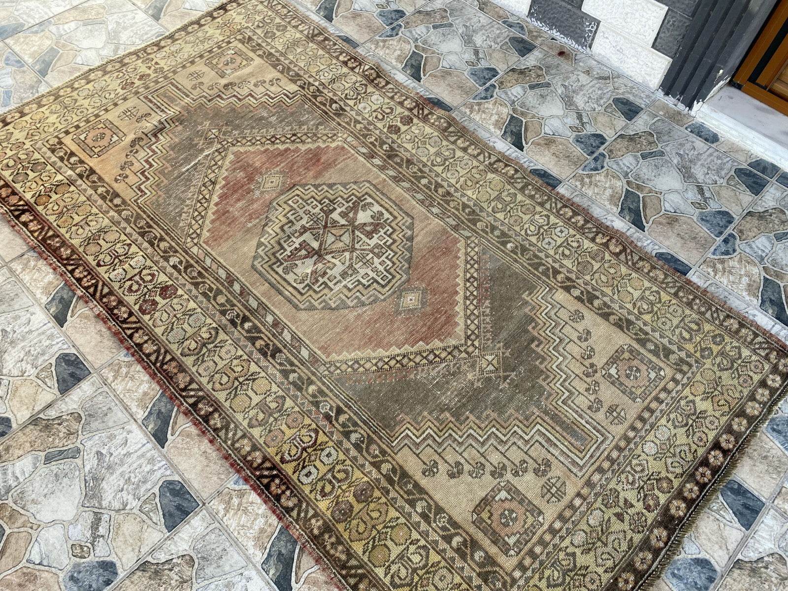 Vintage Turkish Oushak Rug, 4 x 7 ft Red Handmade Wool Antique Tribal Area Rug