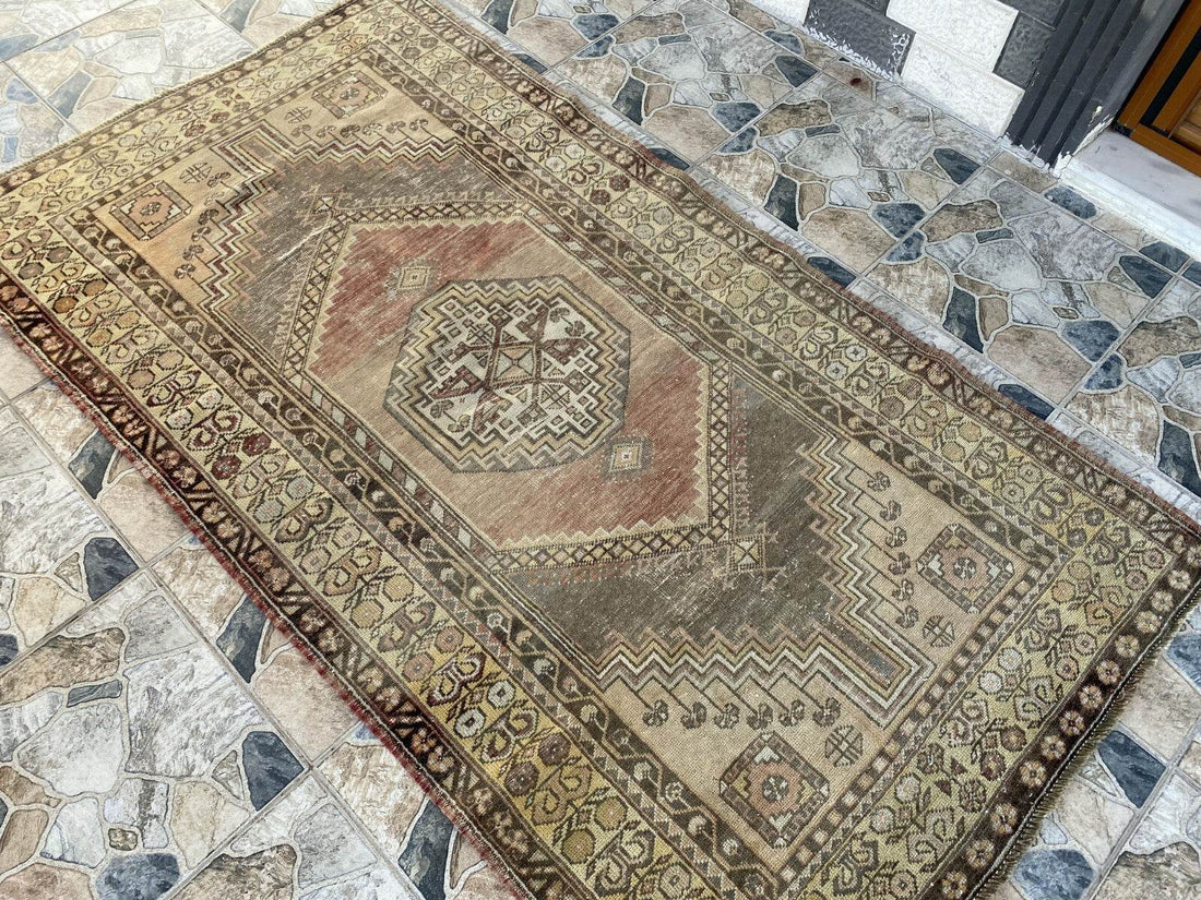 Vintage Turkish Oushak Rug, 4 x 7 ft Red Handmade Wool Antique Tribal Area Rug