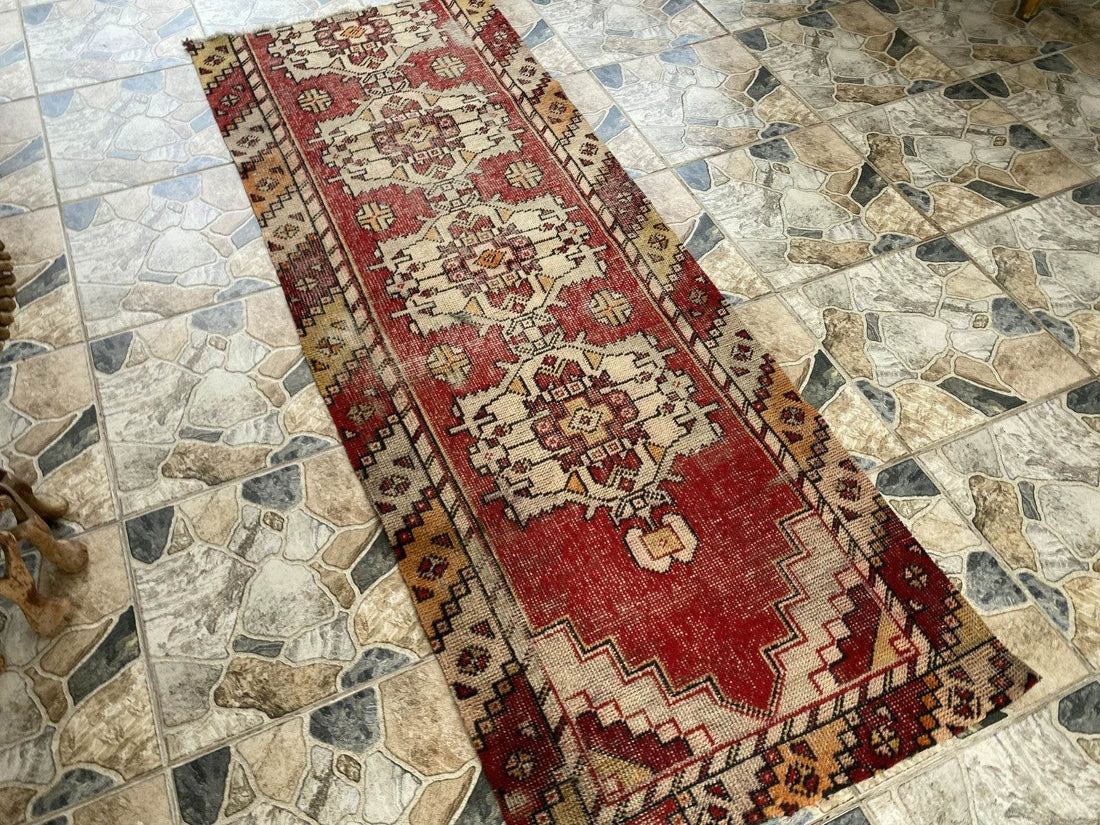 Vintage Rug | Wool Runner Antique Farmhouse Anatolian Handmade Turkish Rug 2x7ft
