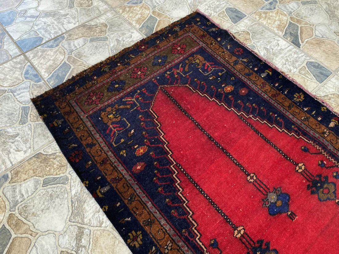 Vintage Hand-Knotted Wool Rug 2.6 x 5.2 ft Nomadic Faded Anatolian Prayer Carpet