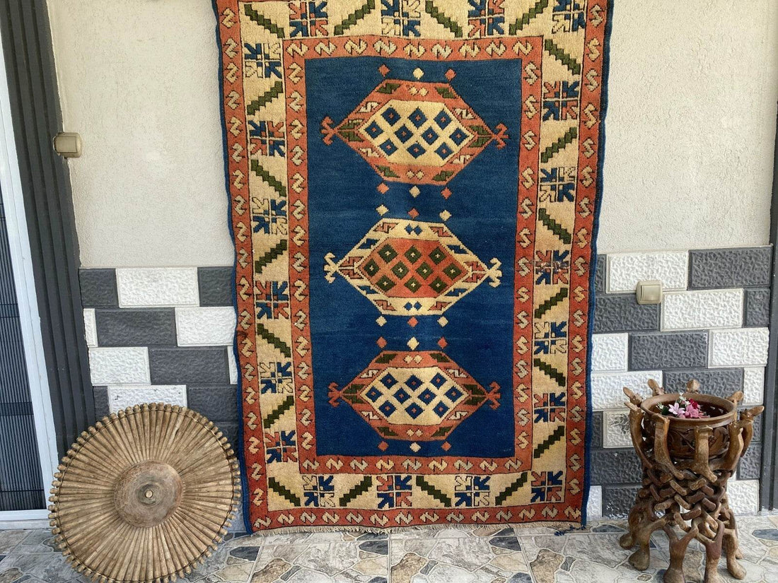 Vintage Turkish Kurdish Wool Rug | Hand-Knotted Tribal Blue Area Carpet 4x6ft