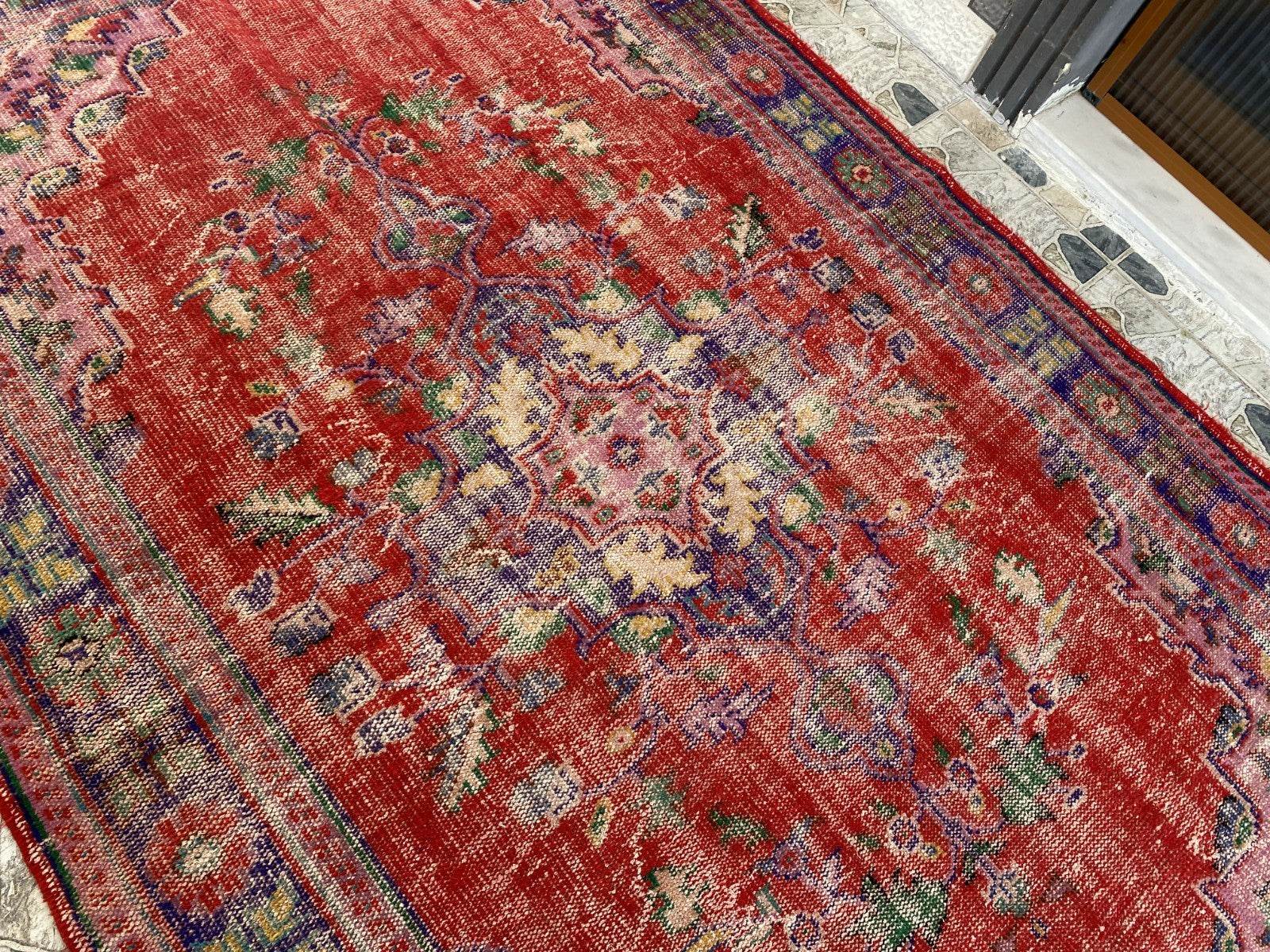 Vintage Hand-Knotted Wool Rug | 6.0 x 9.8 ft Anatolian Area Carpet Faded Tribal