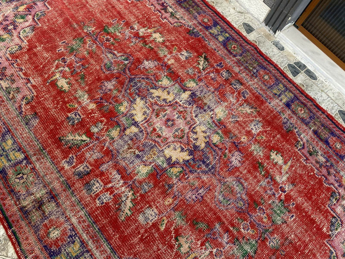 Vintage Hand-Knotted Wool Rug | 6.0 x 9.8 ft Anatolian Area Carpet Faded Tribal