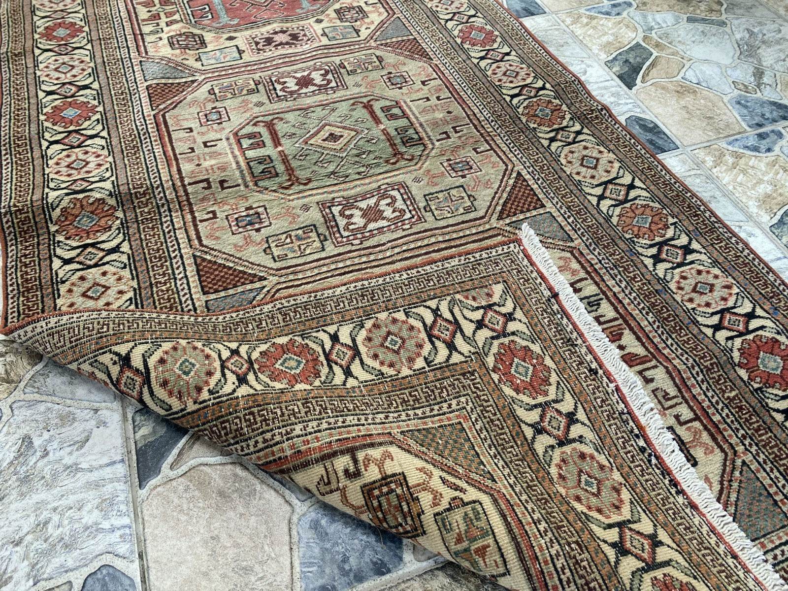 Vintage Turkish Wool Rug Hand-Knotted Antique Geometric Kayseri Tribal Area 3x6