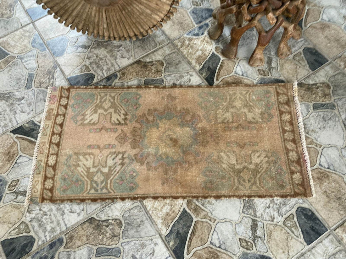Distressed Vintage Turkish Rug Faded Pastel Wool Boho Accent Mat Runner 1x3 ft
