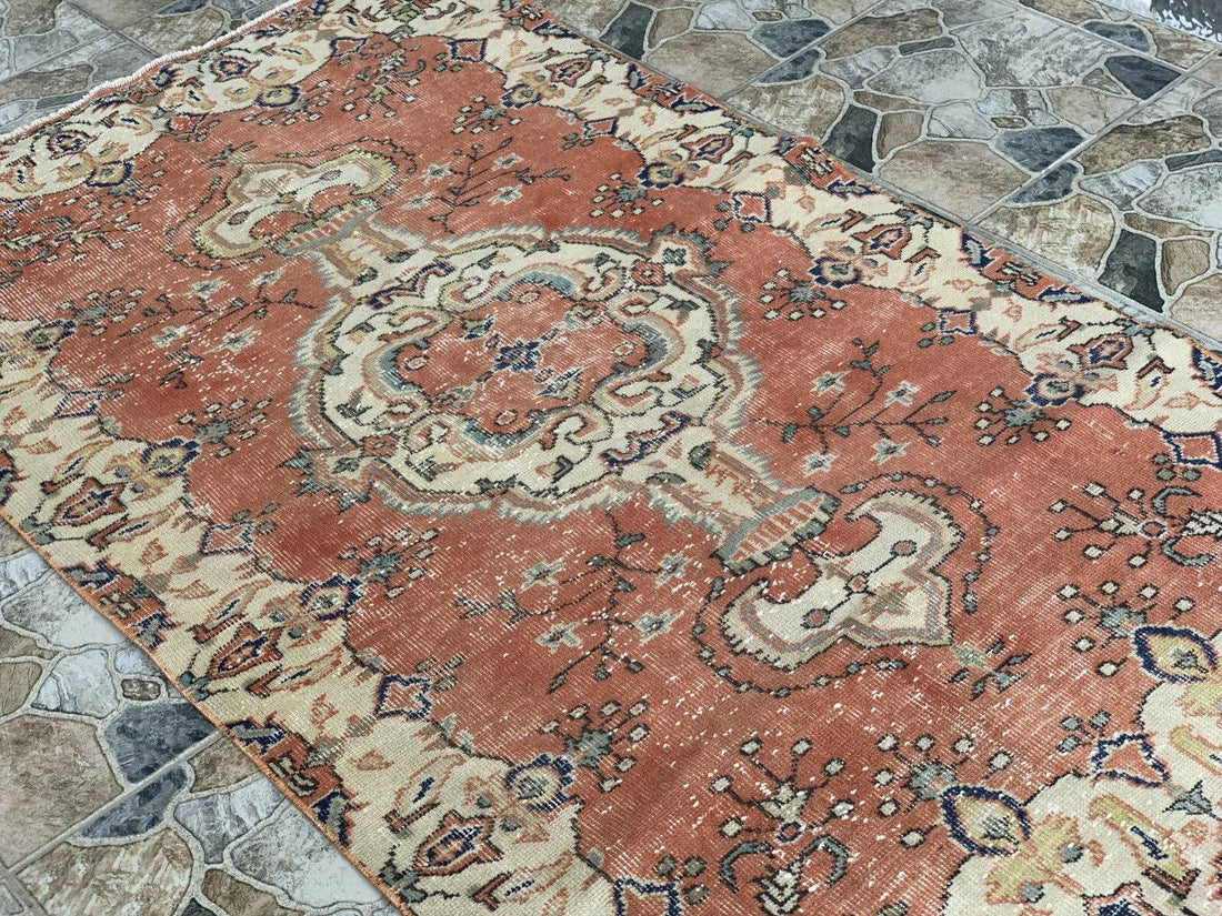 Vintage Rug, Turkish Oushak Wool Handmade Farmhouse Geometric Area Rug 3.6x6.8ft