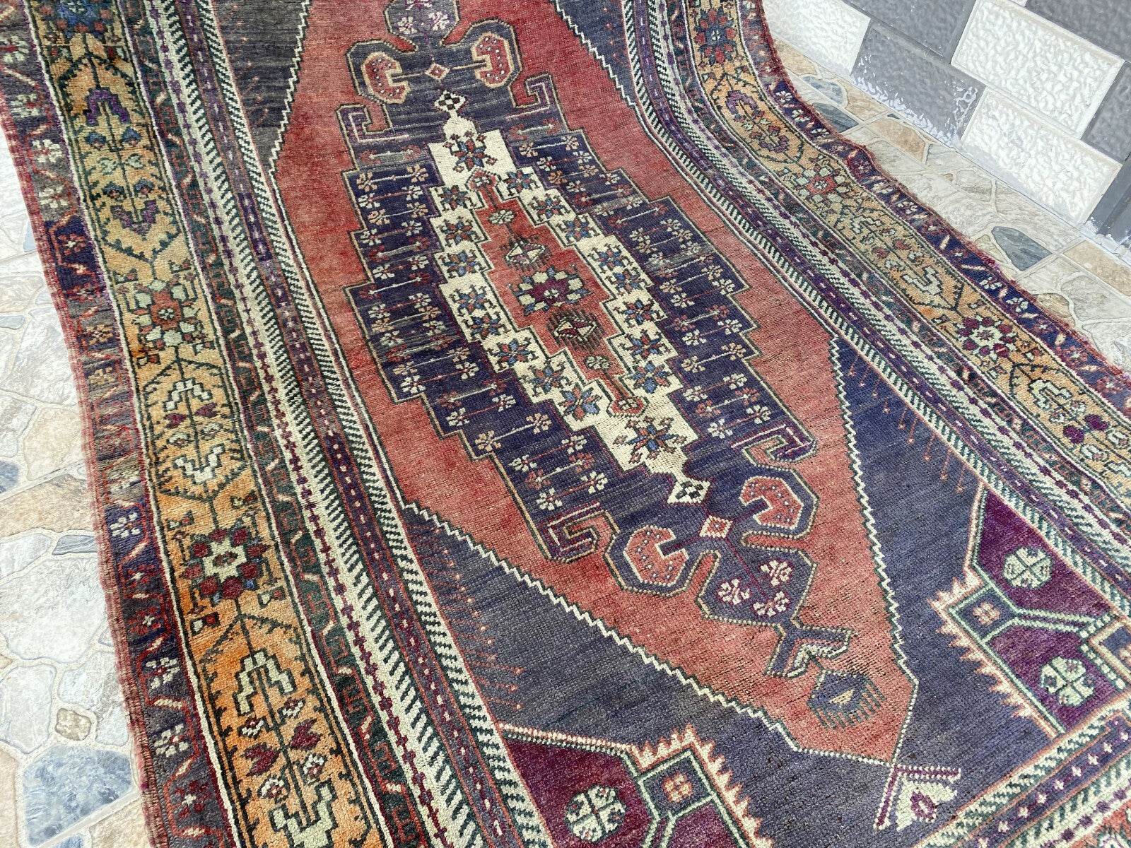 Vintage Turkish Wool Rug, Hand-Knotted Antique Geometric Oushak Area Rug 4x8 ft