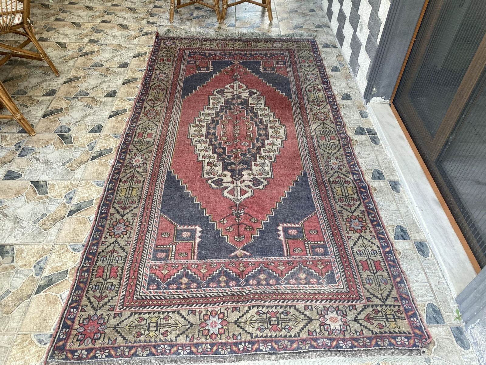 Vintage Turkish Oushak Rug, 5.0x9.7 ft Red Handmade Wool Antique Tribal Area Rug