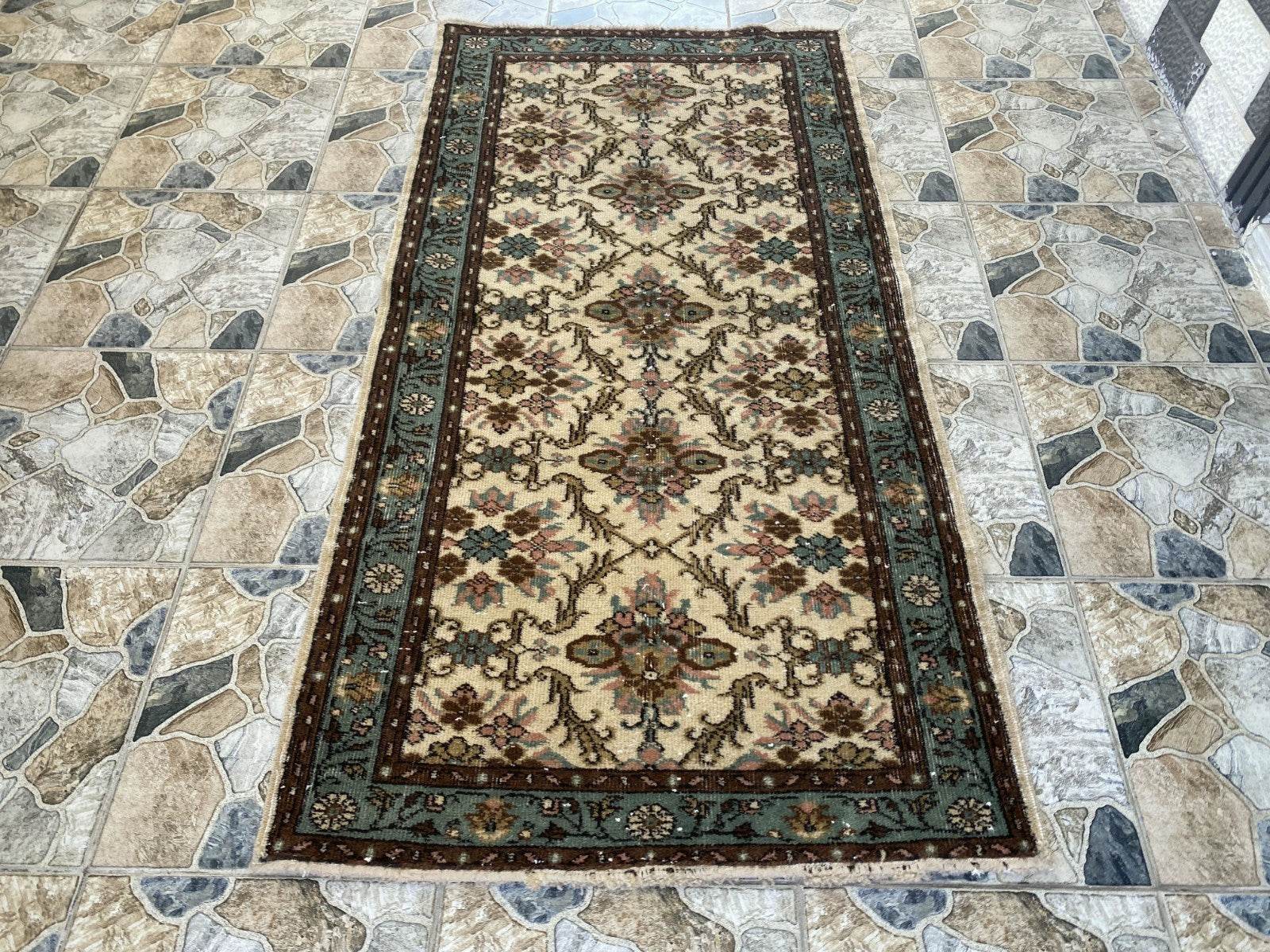 Vintage Anatolian Area Rug, 3.3x6.3 ft Hand-Knotted Wool Faded Rustic Geometric