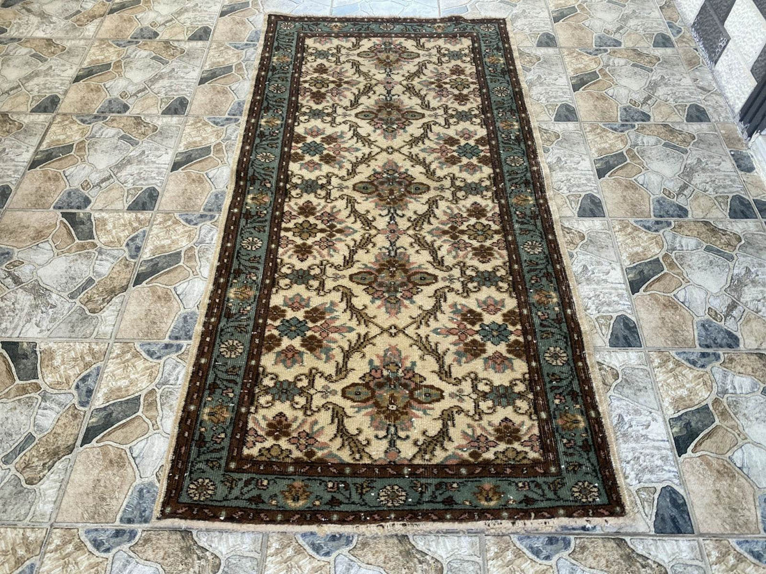 Vintage Anatolian Area Rug, 3.3x6.3 ft Hand-Knotted Wool Faded Rustic Geometric