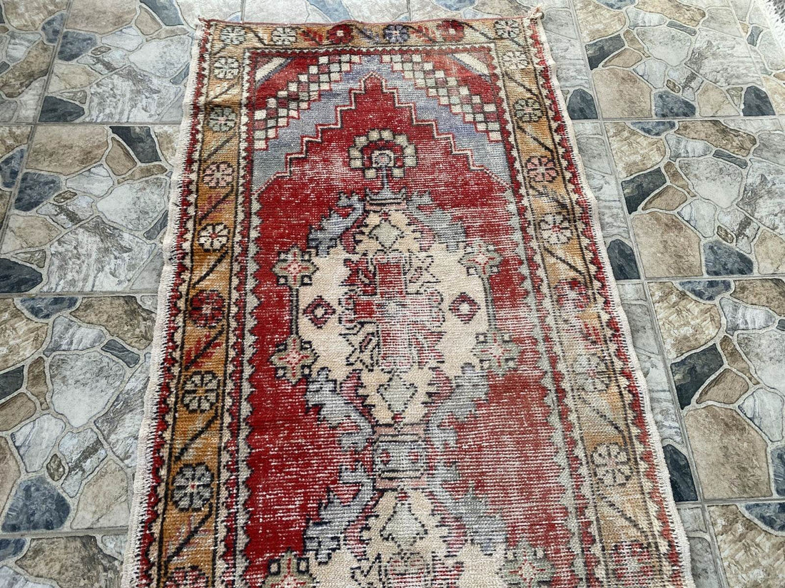 Vintage Turkish Oushak Rug, 3 x 9 ft Red Handmade Wool Antique Tribal Runner Rug