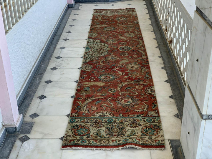 2.3x11.8 RED RUG COLORFUL TRIBAL HANDKNOTTED vintage oriental HANDMADE geometric