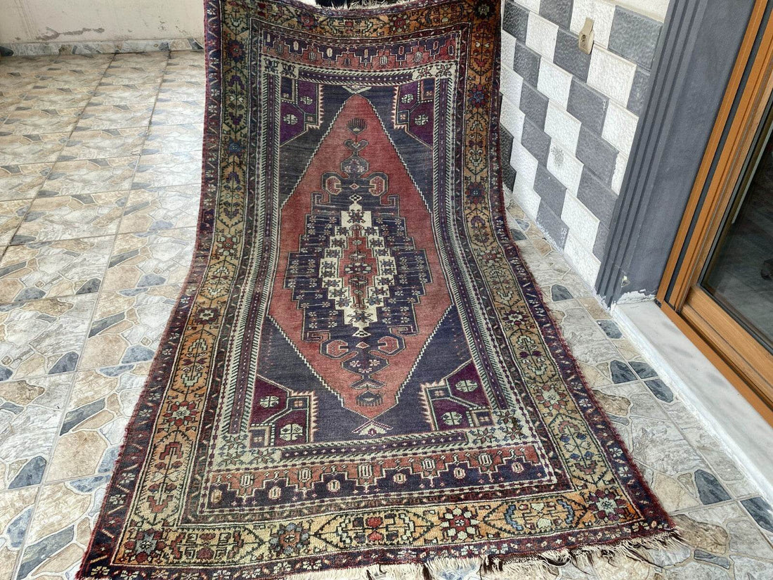 Vintage Turkish Wool Rug, Hand-Knotted Antique Geometric Oushak Area Rug 4x8 ft