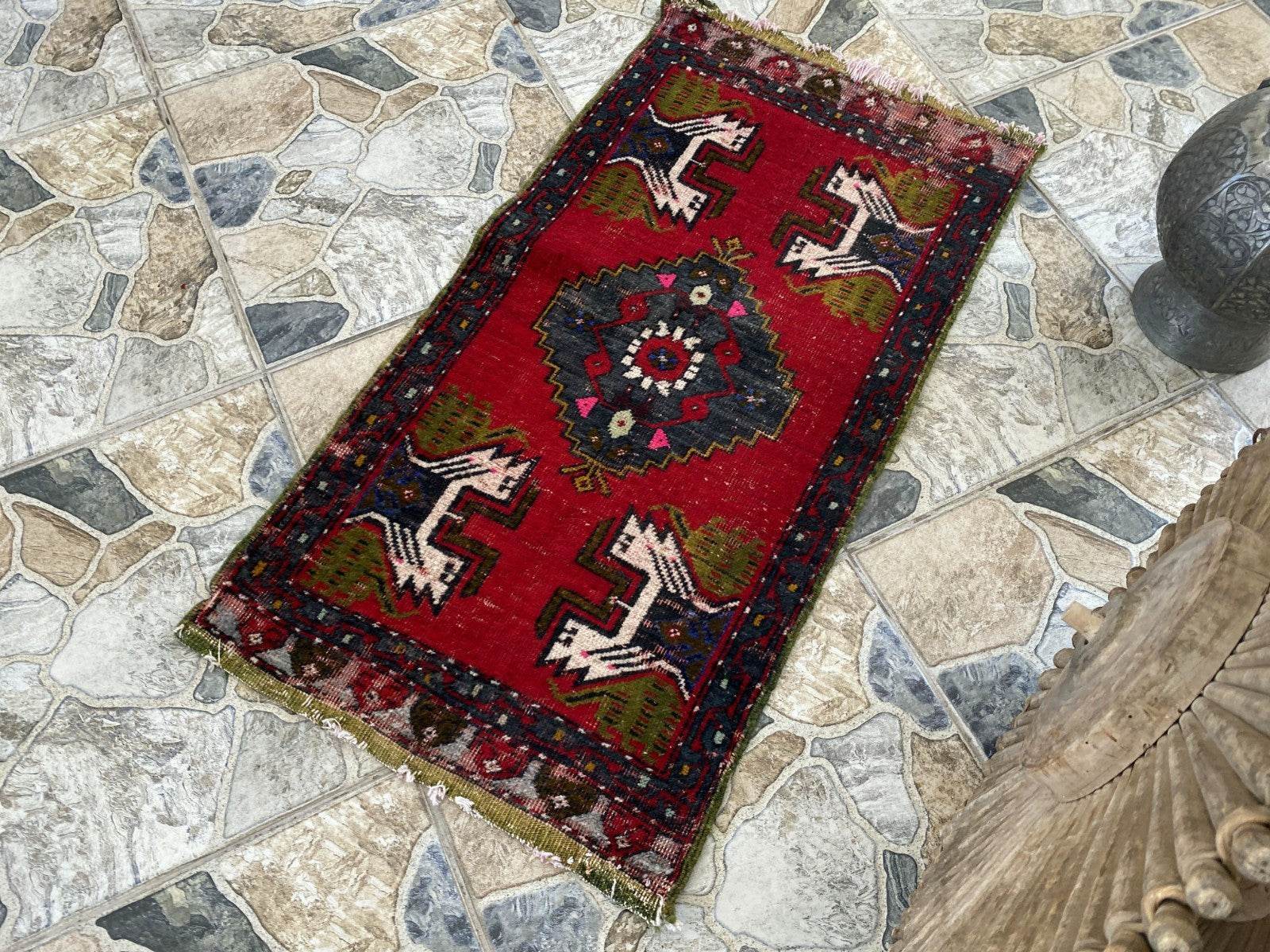 Vintage Turkish Wool Rug, Hand-Knotted Antique Geometric Oushak Small Runner 1x3
