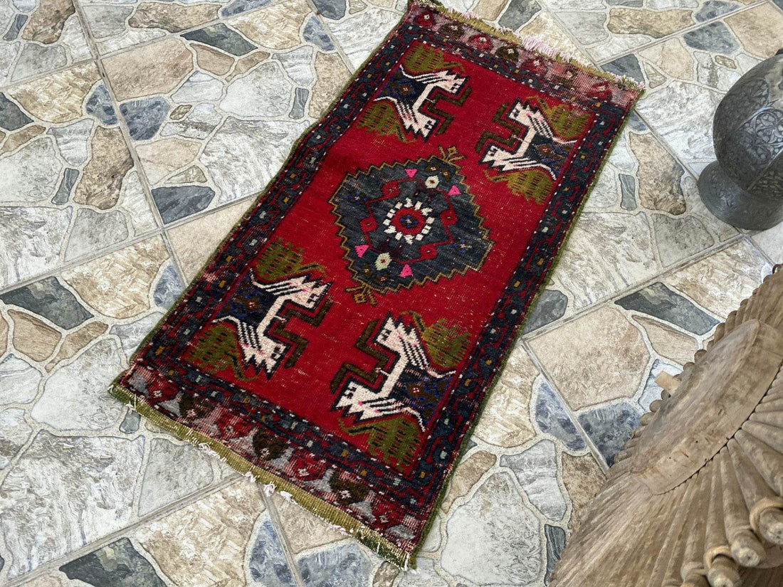 Vintage Turkish Wool Rug, Hand-Knotted Antique Geometric Oushak Small Runner 1x3