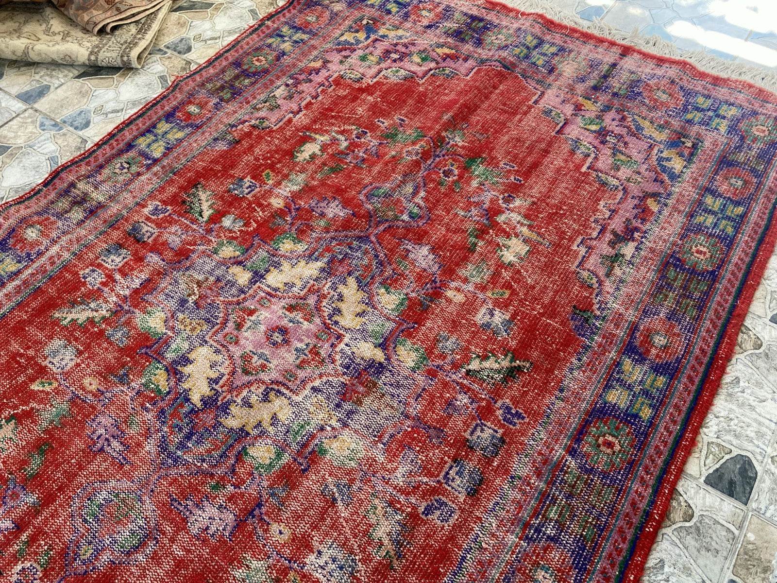 Vintage Hand-Knotted Wool Rug | 6.0 x 9.8 ft Anatolian Area Carpet Faded Tribal