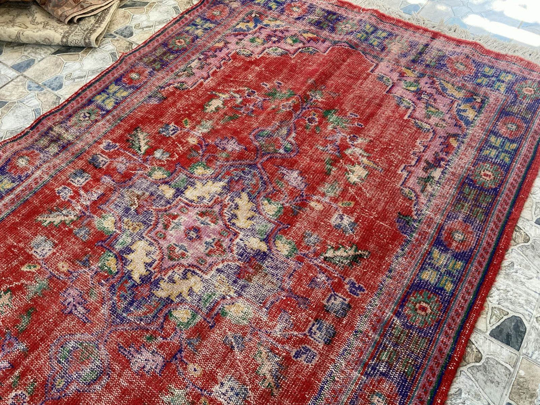 Vintage Hand-Knotted Wool Rug | 6.0 x 9.8 ft Anatolian Area Carpet Faded Tribal