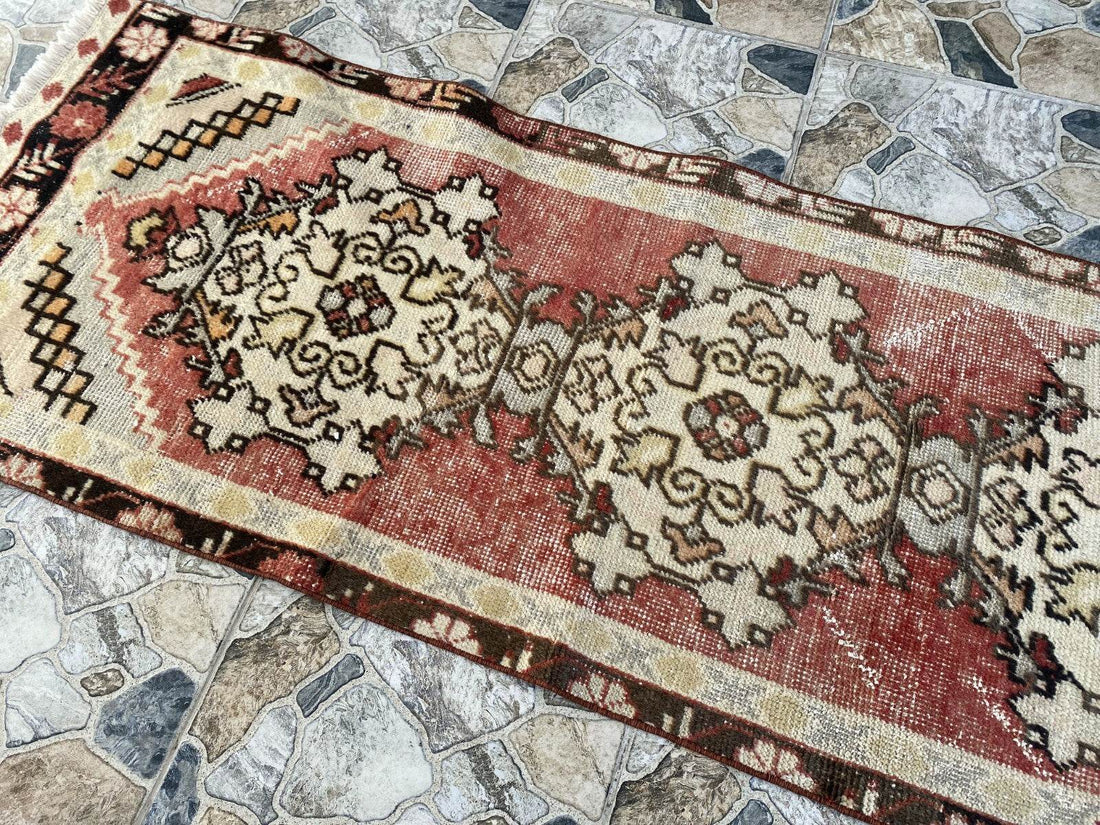 Vintage Rug | Antique Wool Farmhouse Anatolian Runner Handmade Turkish 2.4x8.9ft
