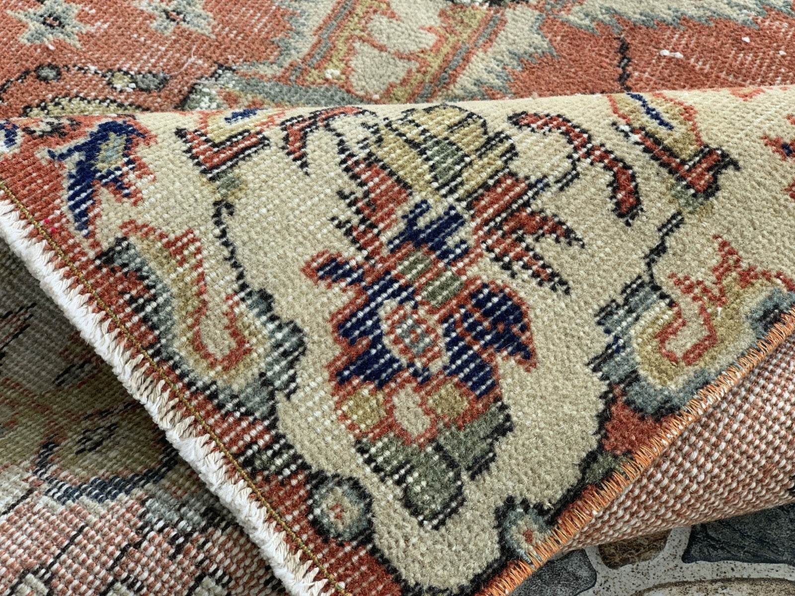 Vintage Rug, Turkish Oushak Wool Handmade Farmhouse Geometric Area Rug 3.6x6.8ft