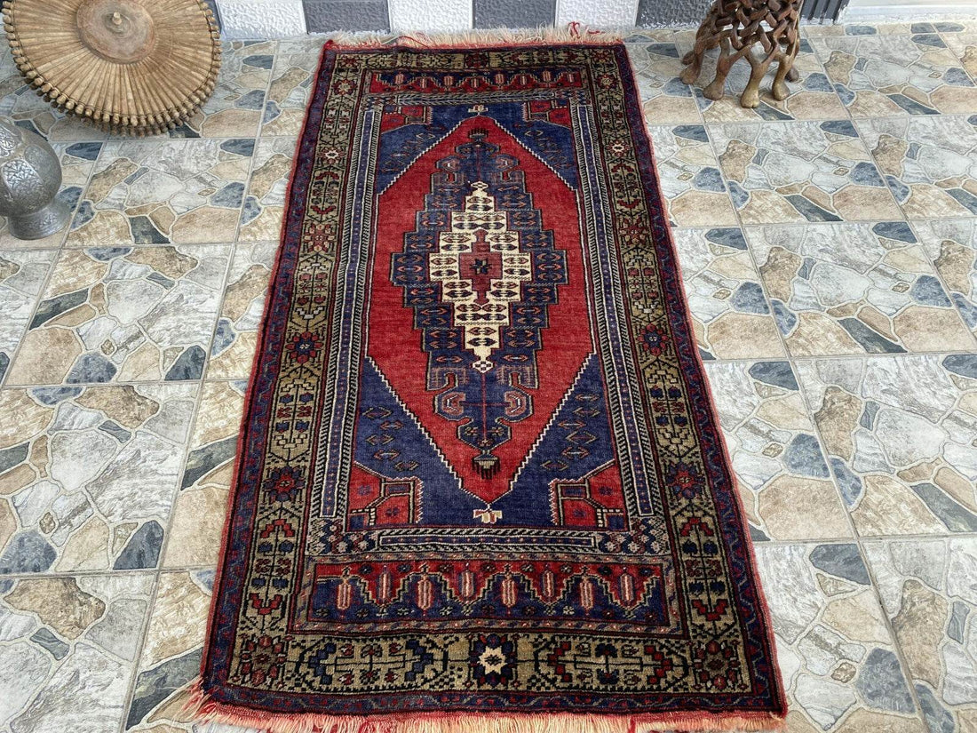 Vintage Turkish Oushak Rug 3x7 ft | Hand-Knotted Wool Anatolian Red Antique Rug